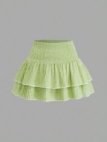 Sweetra 大码女式吊带背心和荷叶边半裙套装，绿白格子蕾丝边细肩带吊带背心+双层荷叶边系带迷你裙，休闲夏季海滩度假装 - 綠色 - 查看 6