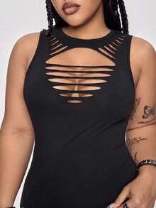 ROMWE Grunge Punk Top ajustado de unicolor y diseño desgastado, con estilo punk Y2K sexy, en talla grande - Negro - Ver 1