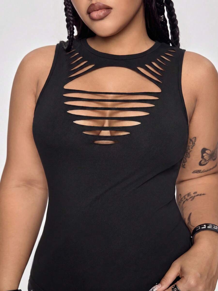 ROMWE Grunge Punk Top ajustado de unicolor y diseño desgastado, con estilo punk Y2K sexy, en talla grande - Negro - Ver 1