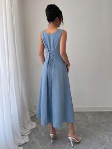 SHEIN Raffinéa 浅蓝色竖条纹方领优雅露背系腰连衣裙 - 藍色 - 查看 2