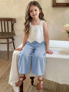 Emery Rose Kids Emery Rose Kids 2件套少女纯色梭织方领荷叶边休闲吊带背心和长裤套装 - 霧霾藍 - 查看 3