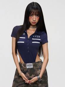 Rina Fox 2026 女士字母印花短袖连体衣，性感修身款 - 藏蓝色 - 查看 3
