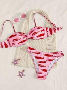 Swim Mod New Spring/Summer Fish Print Spaghetti Strap Twist Front Low Waist Bikini 2-Piece Swimwear Set - Multicolor - View 6