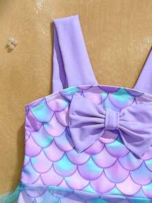 Abbigliamento da spiaggia per bambine, costume da bagno per ragazze, vacanza, casual, stile carino, costume da bagno viola, stampa a scaglie di pesce colorata, tessuto a maglia, costume da bagno con abito in rete, fiocco decorativo sul petto, costume da bagno monopezzocon inserti in rete, alla moda, casual, raffinato, elegante, femminile, adatto per nuotare, vacanza estiva, spiaggia estiva, mare, piscina, festa estiva, vacanza rilassante - Viola - Visualizzare 6