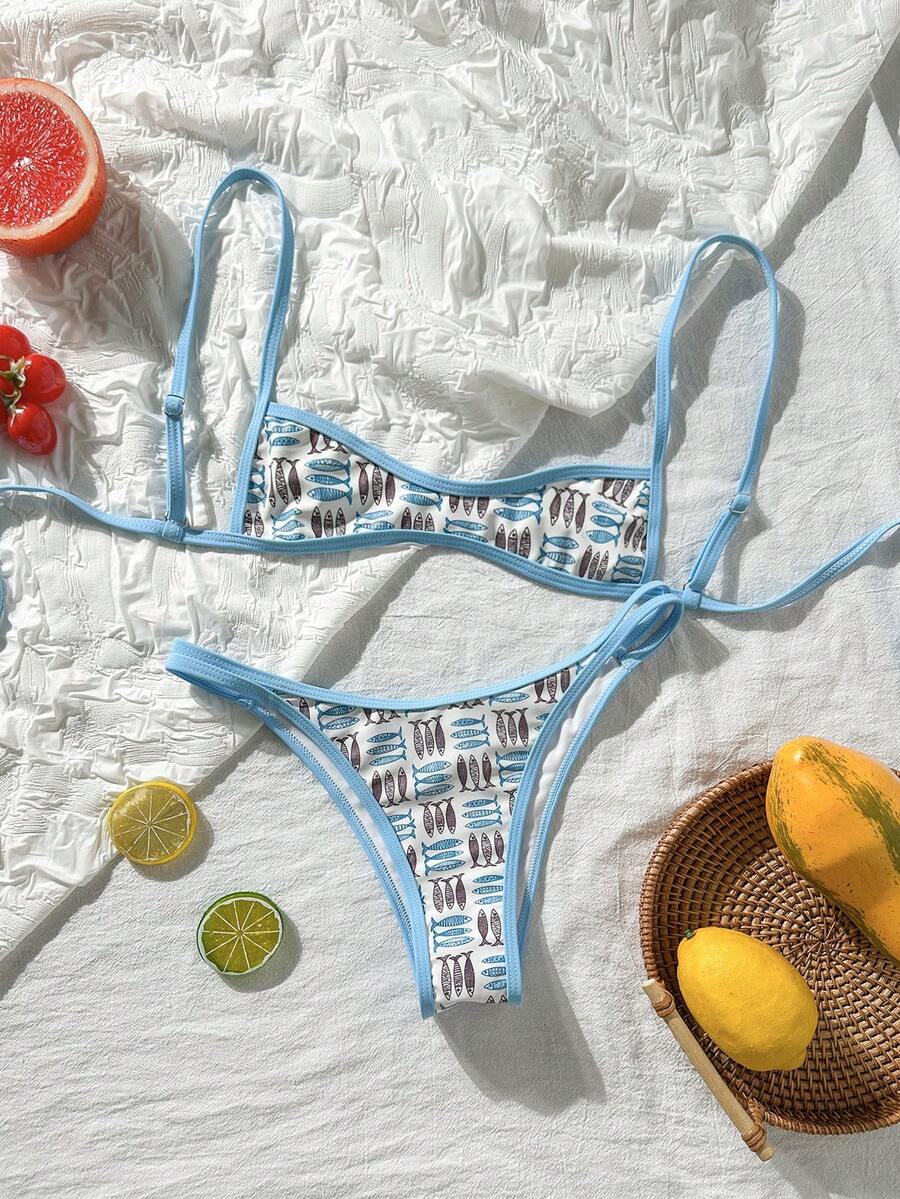 Swim Mod Conjunto de mini bikini de 2 piezas con estampado de peces, con tirantes ajustables y Bottom, traje de baño de verano para la playa - Multicolor - Ver 1