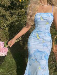 SHEIN Teen Girl/Teen Girls Floral Pattern Mesh Ruched Cami Dress - Blue - View 11