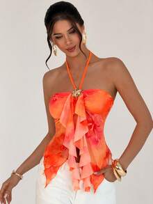 女士不对称下摆金属扣装饰吊带背心，印花无袖上衣，适合海滩度假、夏季、情人节休闲之旅、海滩婚礼、生日聚会等场合。性感夏季上衣，性感吊带泳衣，不规则下摆开衩上衣，春夏服装，约会、派对、音乐节、波西米亚风、度假、海滩、夏威夷、音乐会等场合。 - 彩色 - 查看 6
