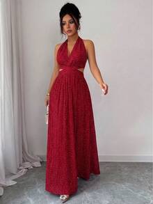 SHEIN Raffinéa Đầm nữ màu đỏ rượu vang chấm bi kiểu Pháp, thiết kế hở eo tôn dáng, thích hợp cho các bữa tiệc, hẹn hò, kỳ nghỉ. - Đỏ - Xem 4