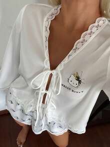 HELLO KITTY | DAZY 2pcs/Set Lace Patchwork Satin Long Sleeve Top And Shorts Pajama Set, Spring/Summer - White - View 9