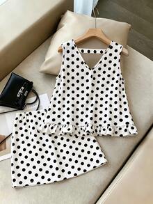 SHEIN Franclia Stylish, Elegant, And Versatile Polka Dot Vest And Skirt Two-Piece Set For Commuting; V-Neck Sleeveless Lace Design, Sweet Bow Babydoll Style Top And High-Waisted Skirt; Black And White Polka Dot Two-Piece Set; Perfect For Summer, Autumn, And Winter; Elegant Two-Piece Set For Women; Casual Two-Piece Set For Women; Suitable For Women's Commuting; Ideal For Dates, Commuting, Parties, And Vacations. - White - View 2