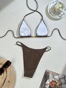 Bonvoyette Conjunto de ropa de playa de moda para mujer, diseño de borde de concha de color contrastante, conjunto de ropa de baño casual, accesorio con hebilla de concha metálica de diseño lindo, bikini minimalista de vacaciones con escote halter, adecuado para fiesta de playa, vacaciones casuales, bikini elegante sin espalda de dos piezas - Marrón - Ver 2