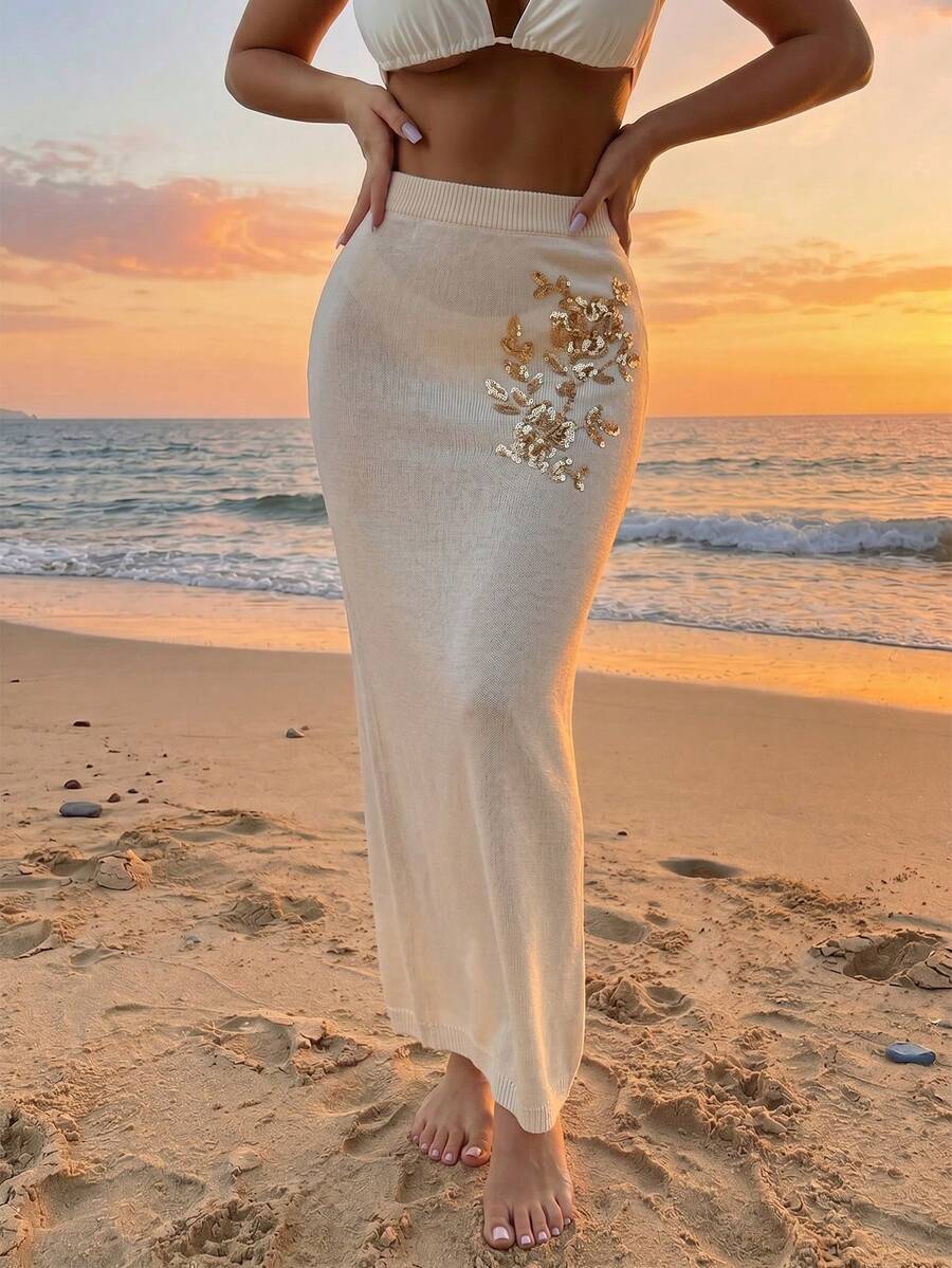 Swim Vcay Women's Elegant Tropical Knit Maxi, White Flower Floral Beaded Beach Vacation Cover-Up Skirt, Summer Casual Vacation Holiday Beach Party - Apricot - View 1