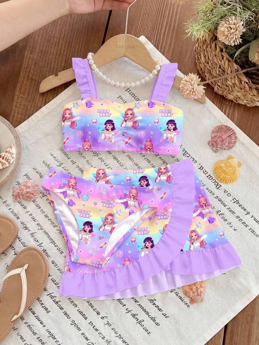 SHEIN 女童印花泳衣，荷叶边装饰，三件套 女童泳衣 儿童泳装 - 彩色 - 查看 1