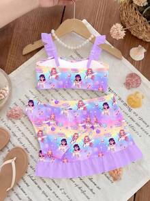 SHEIN 女童印花泳衣，荷叶边装饰，三件套 女童泳衣 儿童泳装 - 彩色 - 查看 2