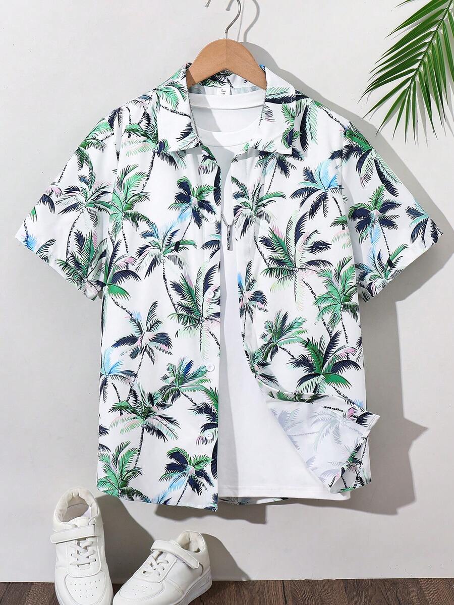 SHEIN 青少年男童棕榈树印花短袖休闲纽扣衬衫，适合海滩度假，也适合春夏季节穿着。 - 彩色 - 查看 1