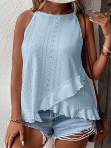 EMERY ROSE New Fashionable Versatile Casual Vacation Plus Size Women Ruffle Halter Knit Camisole - Baby Blue - View 3