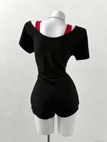 Plus Size Oblique Shoulder 2 In 1 Skull Print Contrast Color Long Sleeve T-Shirt - Multicolor - View 2