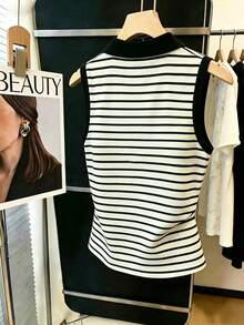 SHEIN Franclia 女士休闲条纹刺绣 Polo 领半拉链无袖针织背心，优雅日常通勤之选 - 黑色 - 查看 2