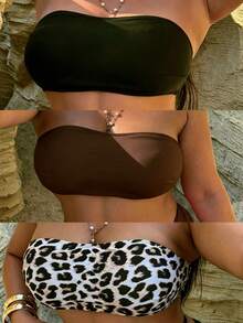 SHEIN Swim Curve 3pcs Plus Size Bandeau Bikini Swimwear Set - Brown - View 6