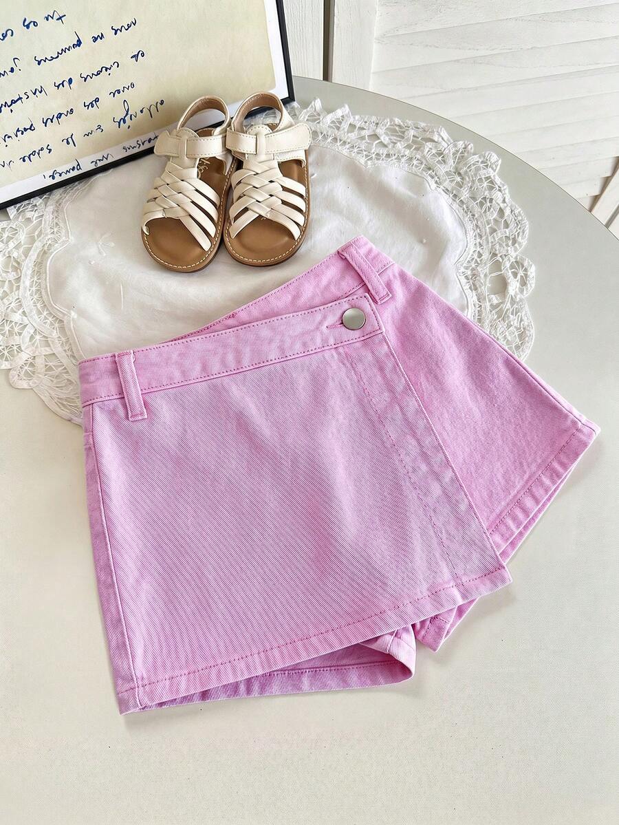SHEIN Young Girls' Asymmetrical Design Denim Shorts - Pink - View 1