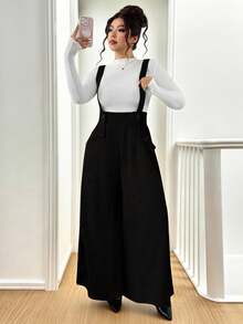 SHEIN Tall CURVE Calça flare de malha texturizada plus size com bolsos funcionais, cintura alta, elegante para passeios, encontros, uso casual e trabalho, ideal para mulheres altas. - Preto - Ver 3