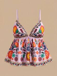 Travachic Women's Beach Vacation Floral Print Tie Waist Camisole - Mauve Purple - View 1