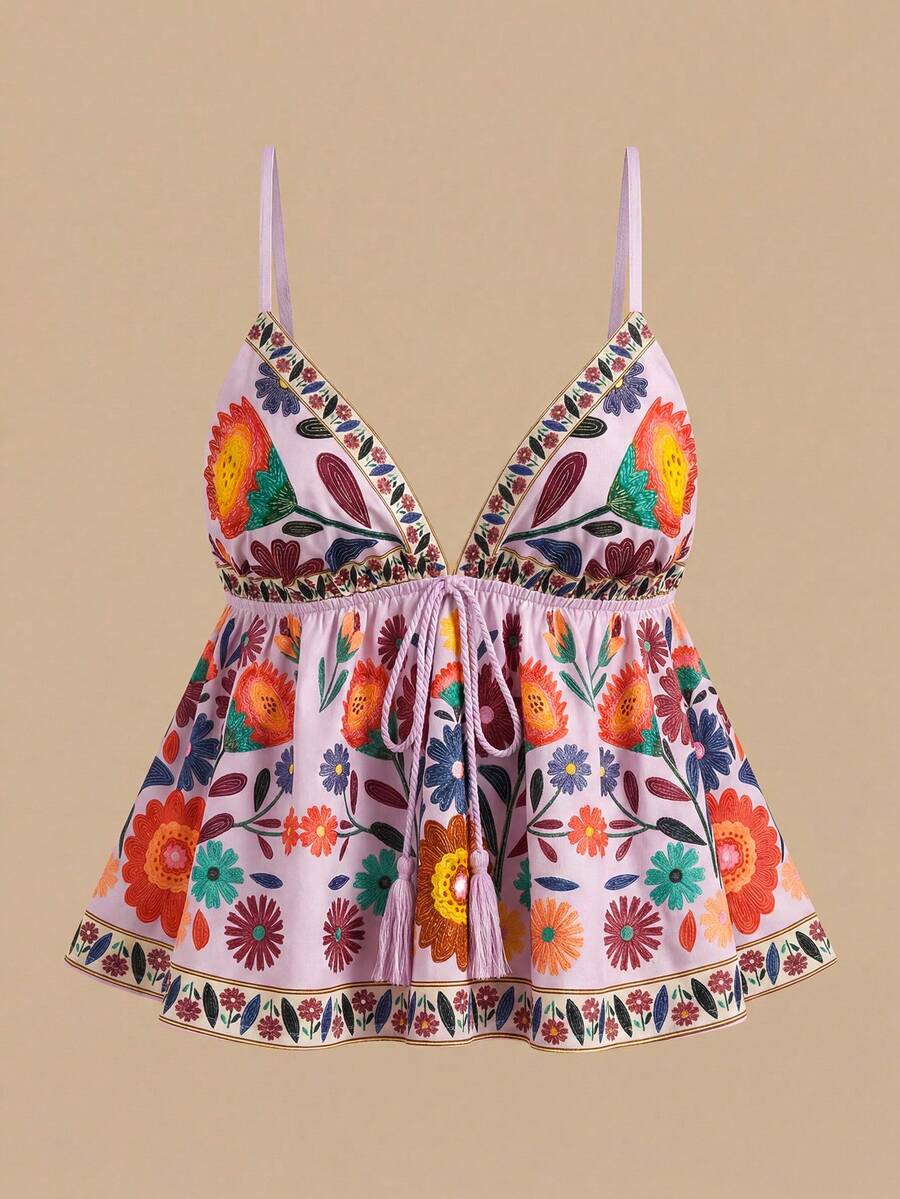 Travachic Women's Beach Vacation Floral Print Tie Waist Camisole - Mauve Purple - View 1