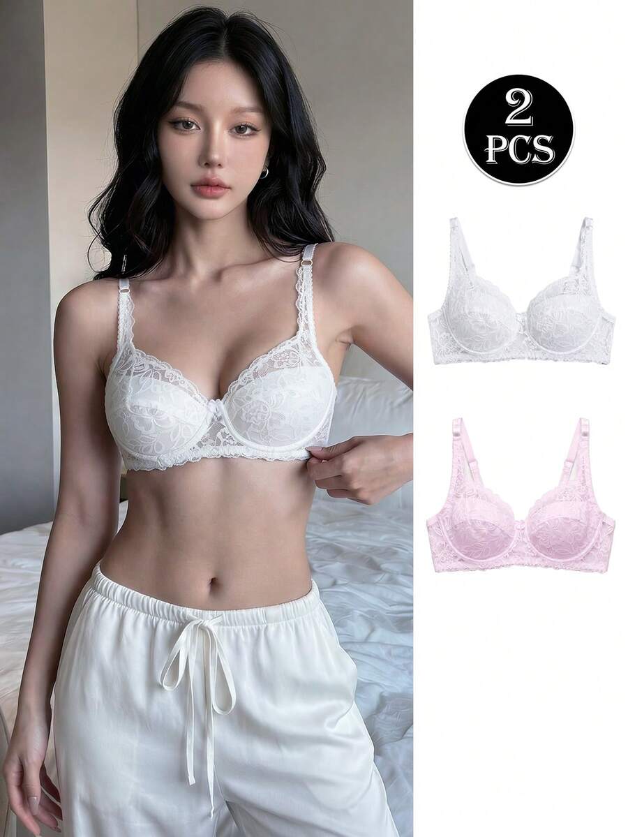 2 件套:优雅纯色蕾丝聚拢钢圈性感内衣文胸 - 彩色 - 查看 1
