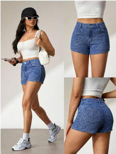 Flexra 女士休闲腰果印花度假风牛仔短裤