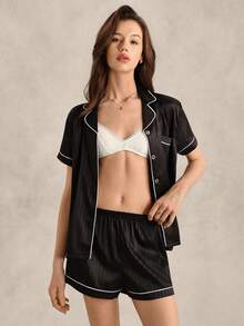 EverLounge Contrast Piping Button Front Satin PJ Set / Pajama Set - Black - View 3