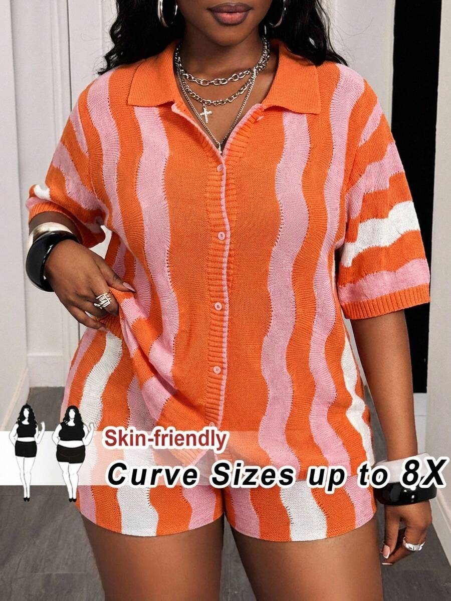 SHEIN CURVE+ Women's Orange Sommar Smart Casual Everyday Bohemian Wave Striped Crochet Knit Sweater 2 Pieces Set,Shirt Collar Short Sleeve Cardigan & Mini Shorts - Multicolor - View 1