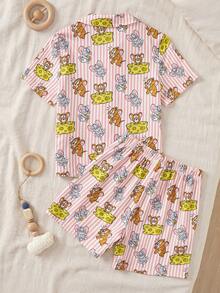 TOM & JERRY X SHEIN Young Girl Cute Cartoon Pattern Striped Print Single-Breasted Short Sleeve Top And Shorts Pajama Set - Dusty Pink - View 2