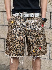 Manfinity EMRG Plus Size Men's Leopard Print Cargo Pocket Frayed Hem Denim Shorts - Yellow - View 6