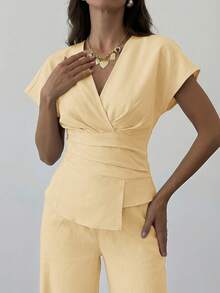 Aloruh Spring/Summer New Arrival Set, Elegant Resort Wear, Apricot Linen Asymmetric Sleeve Side Ruched Waist Commuter Apricot Bamboo Linen Fabric Shirt & High-Waist Wide-Leg Pants Set, Fashionable Commuter Style Ruched Waist Asymmetric Hem Shirt & Pants Two Pieces Set, Suitable For All Seasons, Elegant Commuter, Daily Outing, Casual Matching, Graduation Ceremony, Teacher's Day, Back To School And Other Occasions. - Light Yellow - View 3