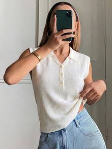 Livesso Áo polo tay ngắn dáng rộng, thoải mái, phù hợp cho mùa xuân hè, phong cách công sở, đi học, dự tiệc âm nhạc dành cho nữ. - Màu be - Xem 2