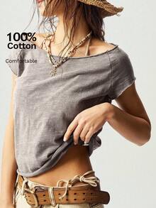 Bohemela Solid Color Knit Boat Neck Fitted Washed T-Shirt For Women,Summer Top - Apricot - View 2