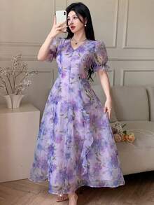 Feyla Đầm nữ thanh lịch cổ chữ V họa tiết hoa, tay ngắn xòe xếp ly. - Màu tím - Xem 7