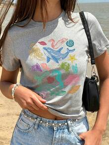 Y2K 夏季假期海洋生物撞色印花女式T恤图案上衣 - 淺灰色 - 查看 4
