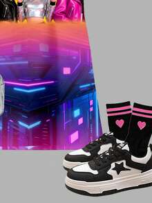 SHEIN Đầm ngắn tay tối giản, họa tiết hoạt hình cô gái K-POP, màu ombre neon rực rỡ, thích hợp mặc hàng ngày, đi chơi hoặc đi nghỉ mát vào mùa xuân/hè. - Nhiều màu - Xem 6