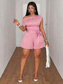 Maweii Plus Size Asymmetric Shoulder Ruched Bow Tie Waist Drawstring Romper,Blush Pink Summer Smart Casual Everyday Mal Flattering Short Jumpsuit,Holidays - Pink - View 3