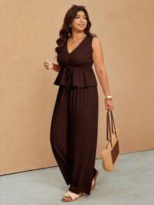 Elaquor Plus Size Casual Solid Color Tank Top And Pants 2 Pieces Set - Coffee Brown - View 9