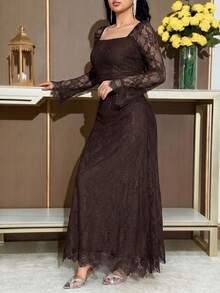 Feyla Gaun Pesta Elegan Wanita Berwarna Polos dengan Hiasan Renda - Coffee Brown - View 4