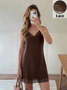 SHEIN LUNE Women's V-Neck Lace Patchwork A-Line Slip Dress,Satin Fabric With Sheen,Elegant Dark Brown Summer Mini Dress For Office Brunch Party,Vacation Wear - Brown - View 3