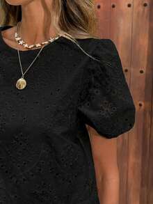 SHEIN LUNE 女款休閒刺繡夏季度假通勤日常基礎時尚上衣，泡泡短袖收腰波西米亞風上衣 - 黑色 - 查看 8