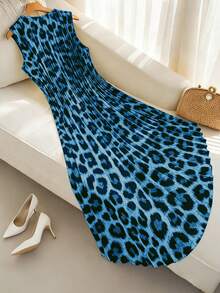 Plus Size Vintage Leopard Print Pleated Dress - Blue - View 2