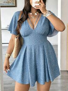 Vionelle Plus Size Women's Polka Dot Print Ruched Jumpsuit, Versatile For Spring/Summer - Dusty Blue - View 6