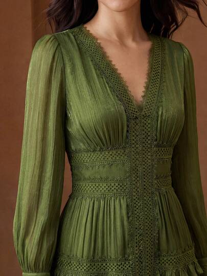 Anewsta New Romantic Ruffled Floral Splice V-Neck Petal Sleeve Dress, Vacation & Holiday Wear For Women, Summer