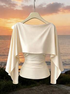 SHEIN Elenzya New Design Women's Shawl Collar Long Sleeve Elastic Knit Top, Elegant Everyday Vacation Versatile Fitted Slim Fit T-Shirt Cream White Autumn
