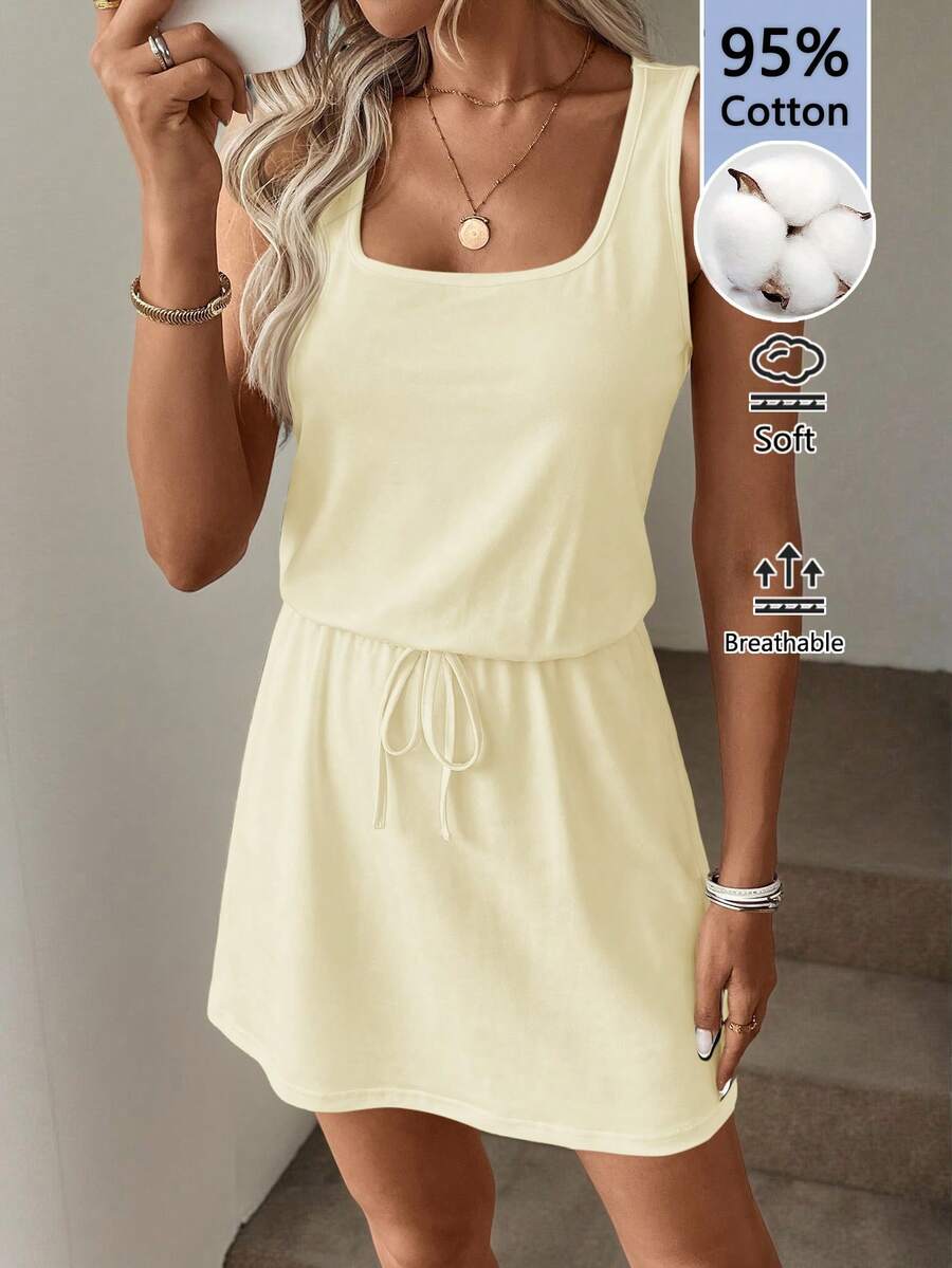 SHEIN LUNE Đầm ngắn 2 trong 1 màu mơ, phong cách đường phố tối giản, chất liệu cotton, dành cho nữ, thích hợp mặc mùa hè. - Màu be - Xem 1