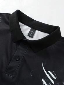 ROMWE MEN Prep Men's Street Letter Print Polo Shirt, Suitable For Spring And Summer - Black - View 3